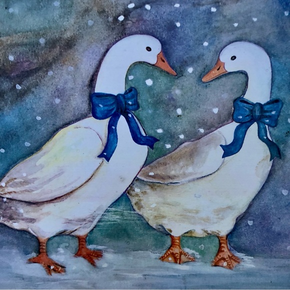 Vintage Winter Geece Goose Blue Bows Platter Round Tin - Picture 2 of 6